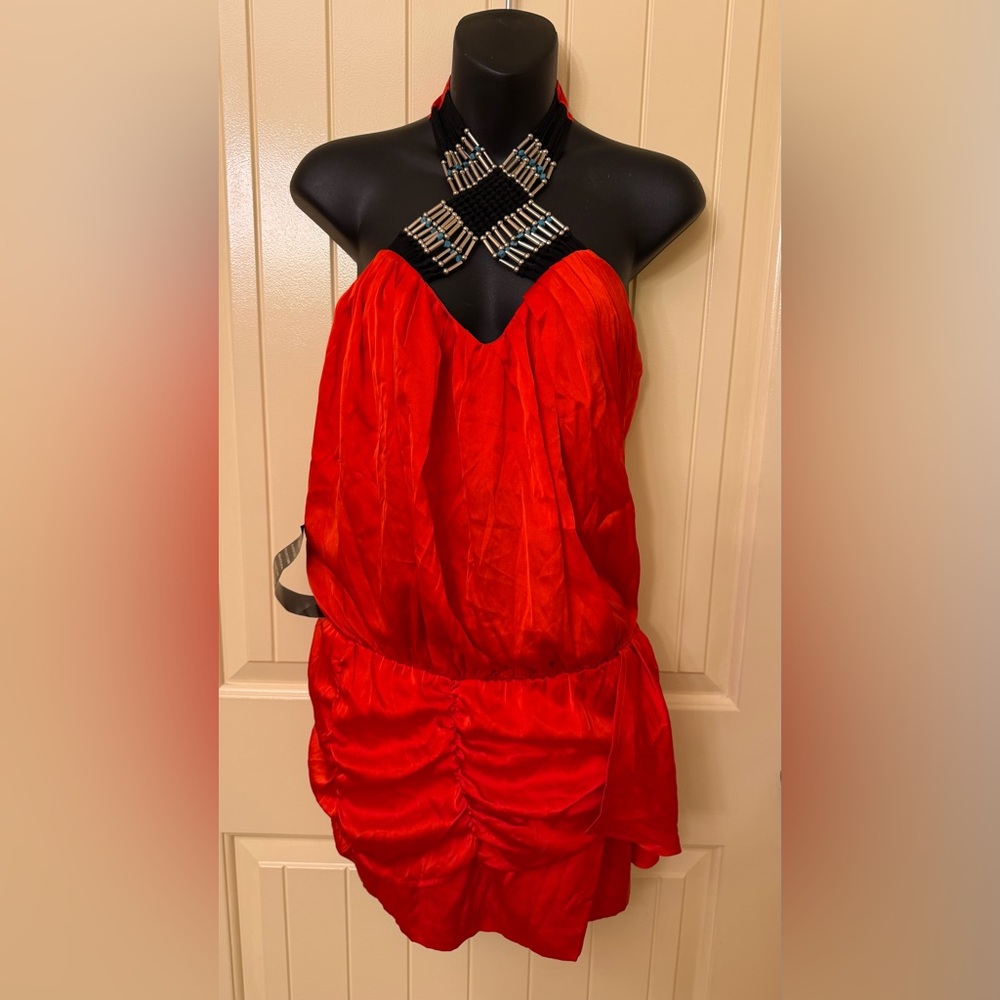 NWT Y2K bebe Macrame & Turq Trim Halter Dress with Embellished Neckline size M